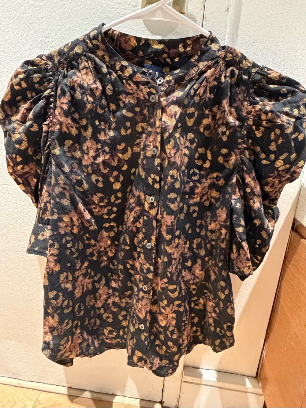 GAP Black Blouse with Gold & Tan Floral Print